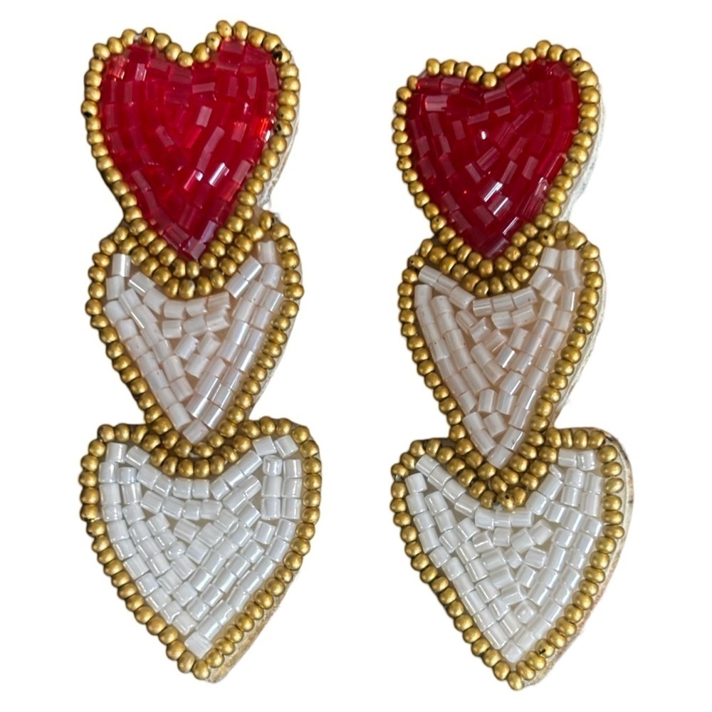 The gold Cactus artisan made hand beaded 3 tier heart earring pierced